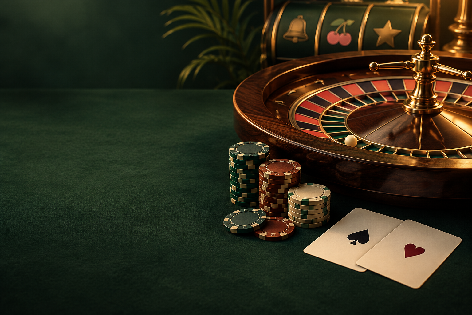 Roda roulette, kartu, dan keping dalam cahaya tembaga